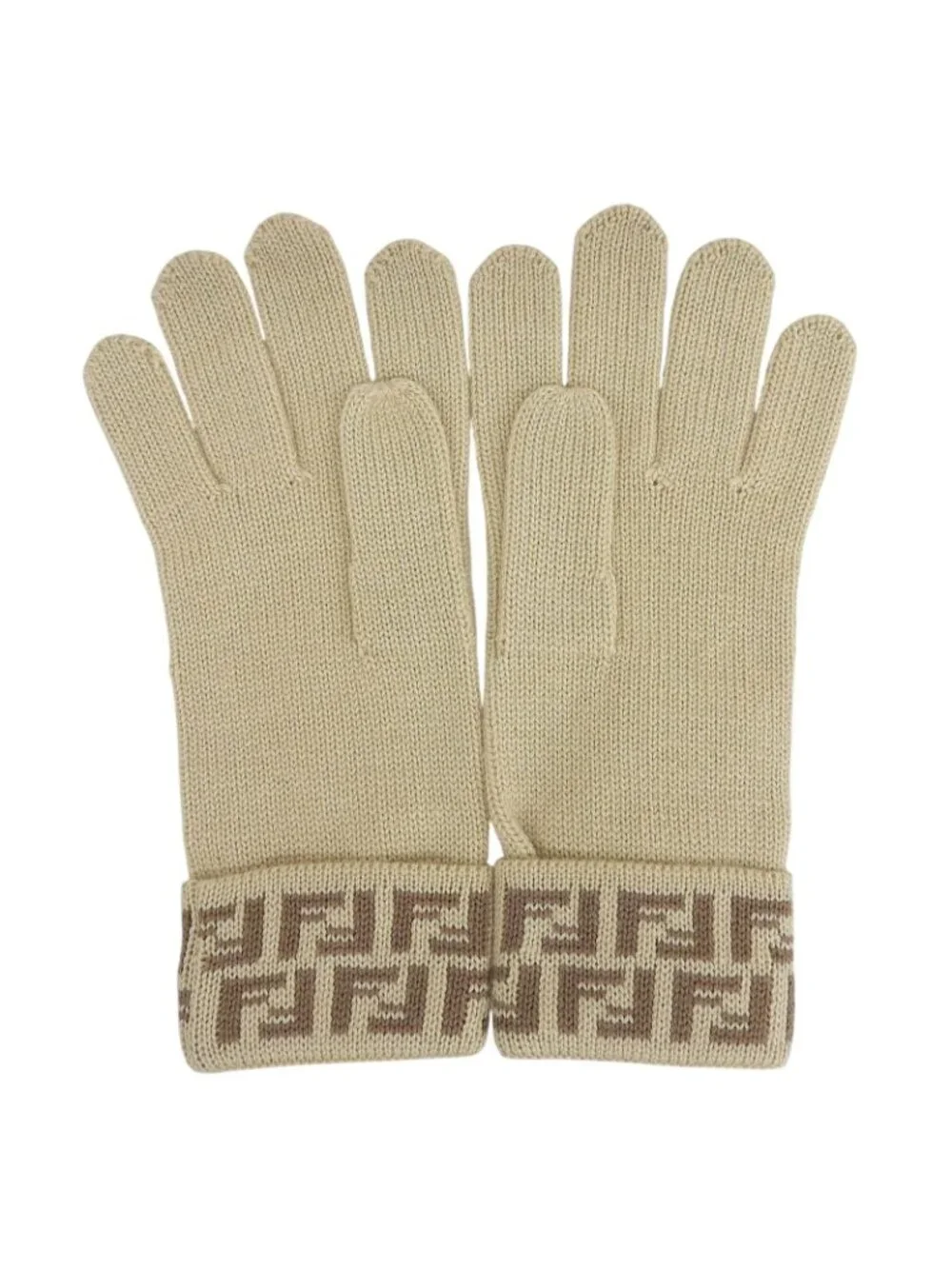 Fendi Wool 100% Zucchino FF Logo Knit Gloves Beige TU